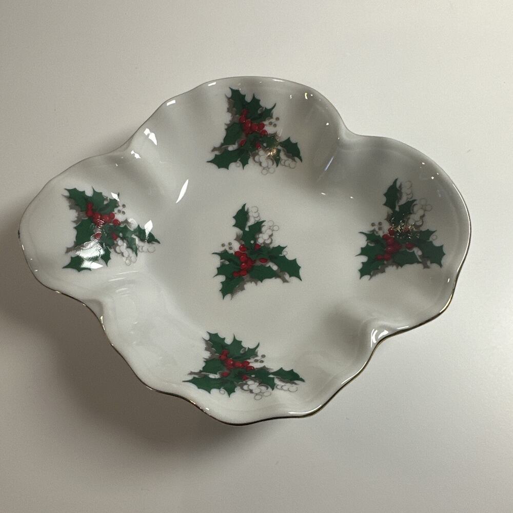 Lefton China Hand Painted 7813 Small Christmas Holly candy or nuts dish vintage